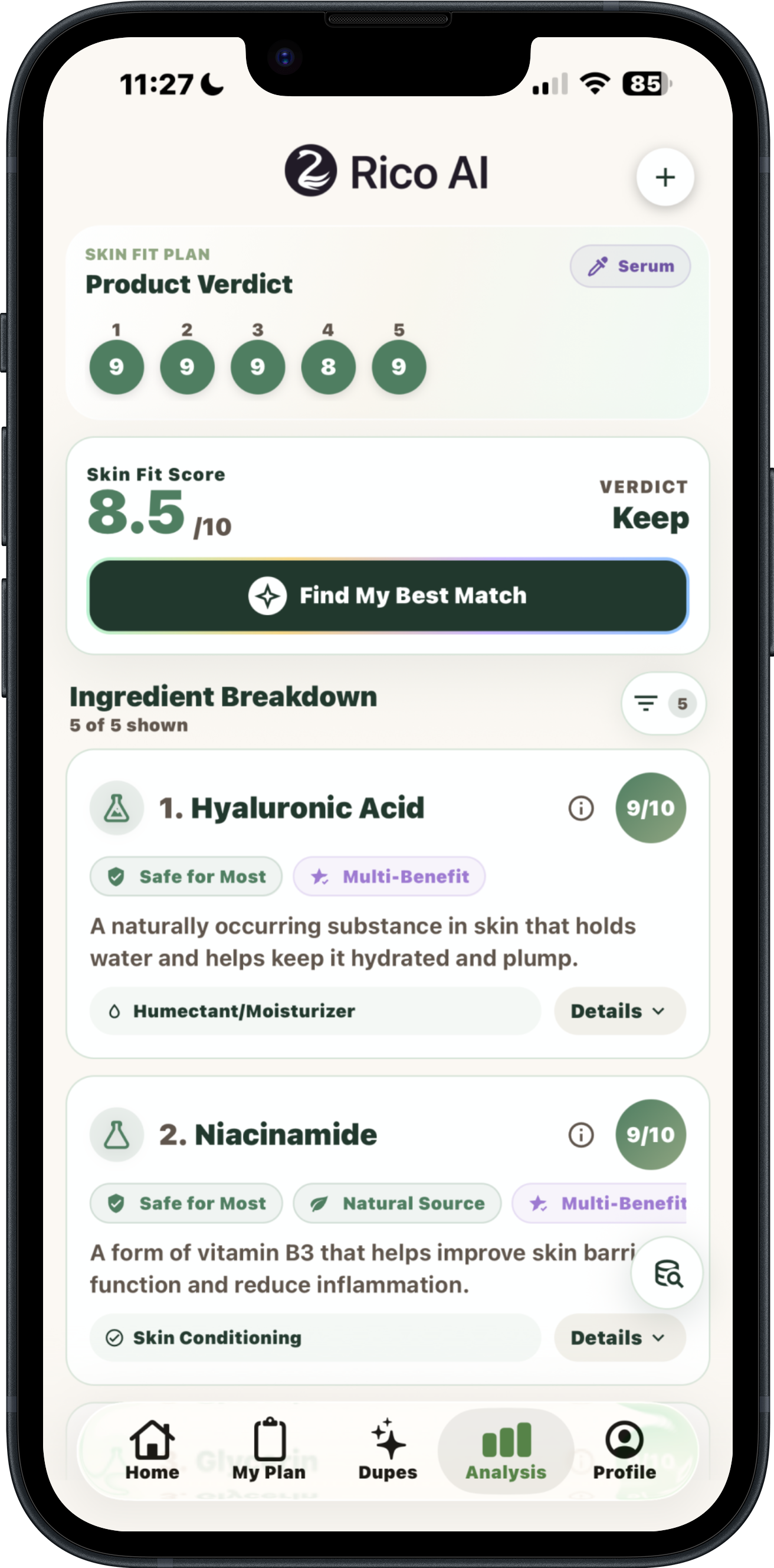 Real Rico AI Skin Fit product verdict screen