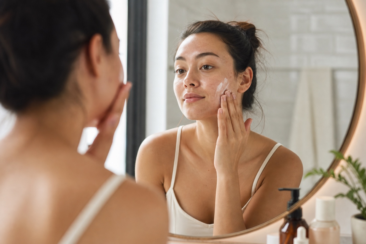 Woman applying skincare in a bathroom mirror