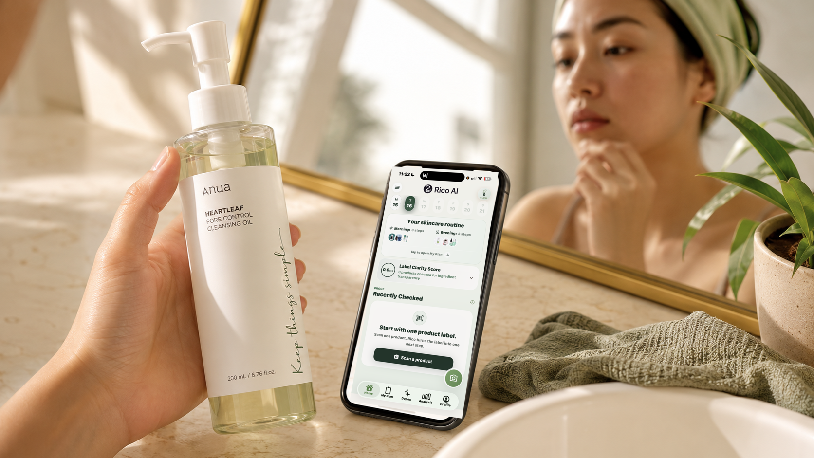 Cleansing oil bottle beside a real Rico app screen for a Skin Fit check before acne-prone skin uses it