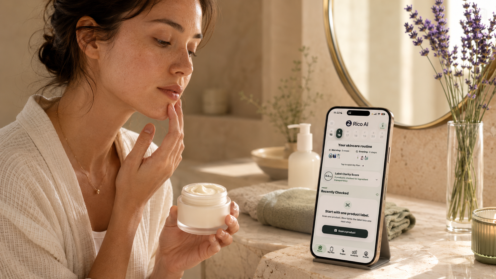 Woman pausing before applying barrier repair cream beside an iPhone showing the Rico AI scan entry screen