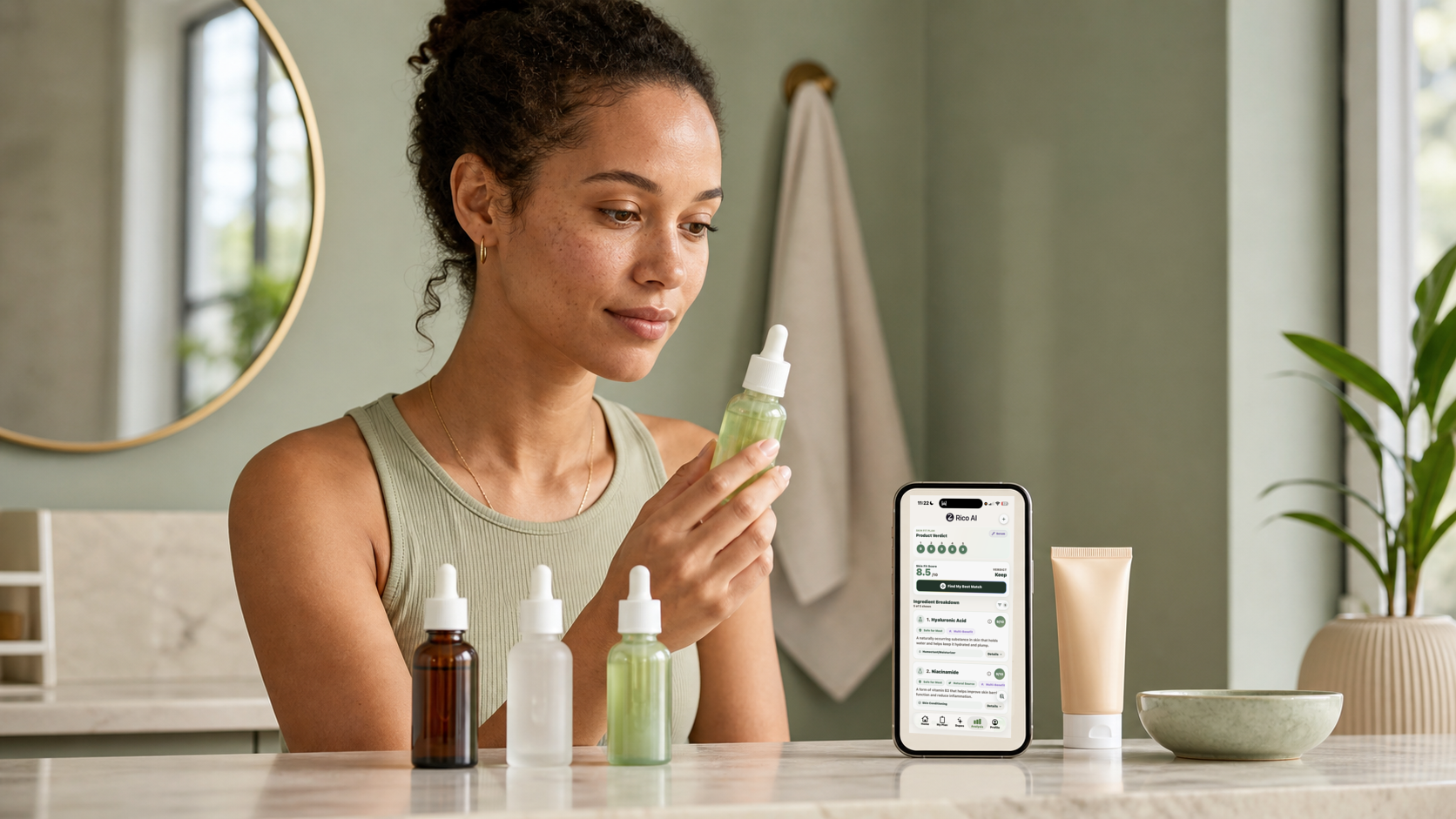 Adult shopper comparing brightening serums beside a phone ingredient-fit scan