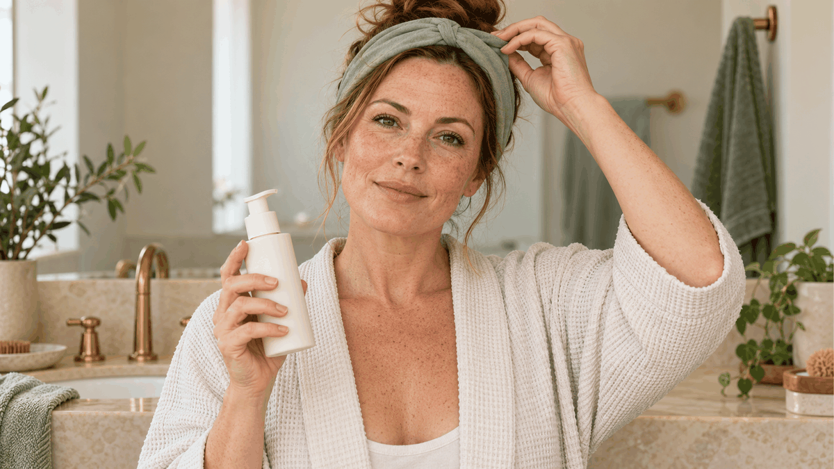 AI-generated freckled adult adjusting a sage headband while holding a plain cleanser pump before washing
