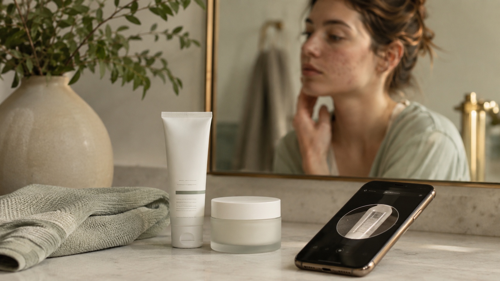 Barrier balm scanned on a phone before use on acne-prone skin
