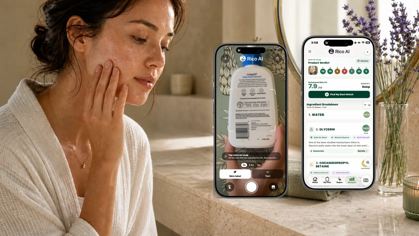 Woman noticing tightness after rinsing while holding a cleanser beside the Rico AI ingredient scan screen