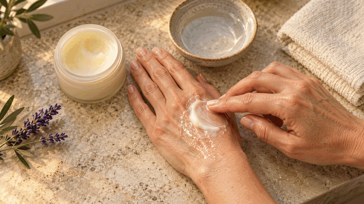 AI-generated hands mixing a small balm dab with water beside a plain jar, water bowl and lavender