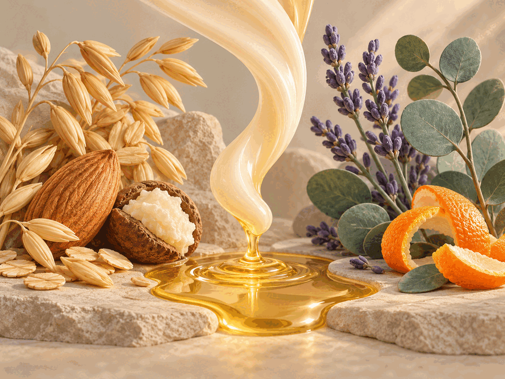 Generated illustration of a balm ribbon between oat, almond and shea shapes and lavender, eucalyptus and orange peel