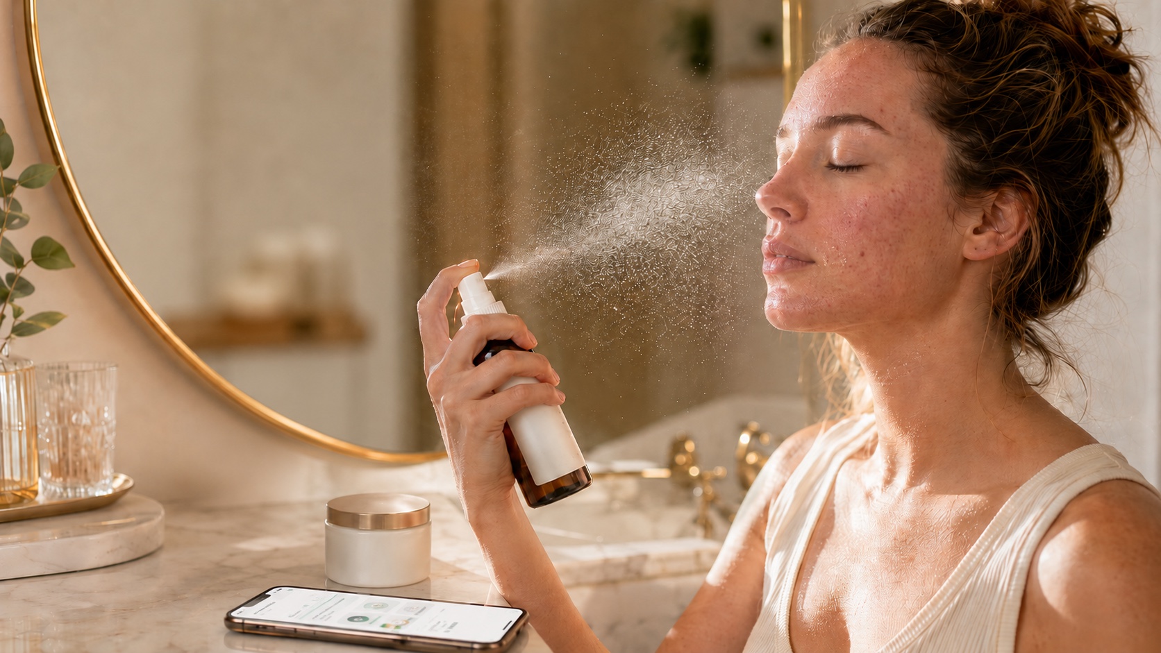 Woman misting acne-prone sensitive skin with a facial spray beside the Rico AI app