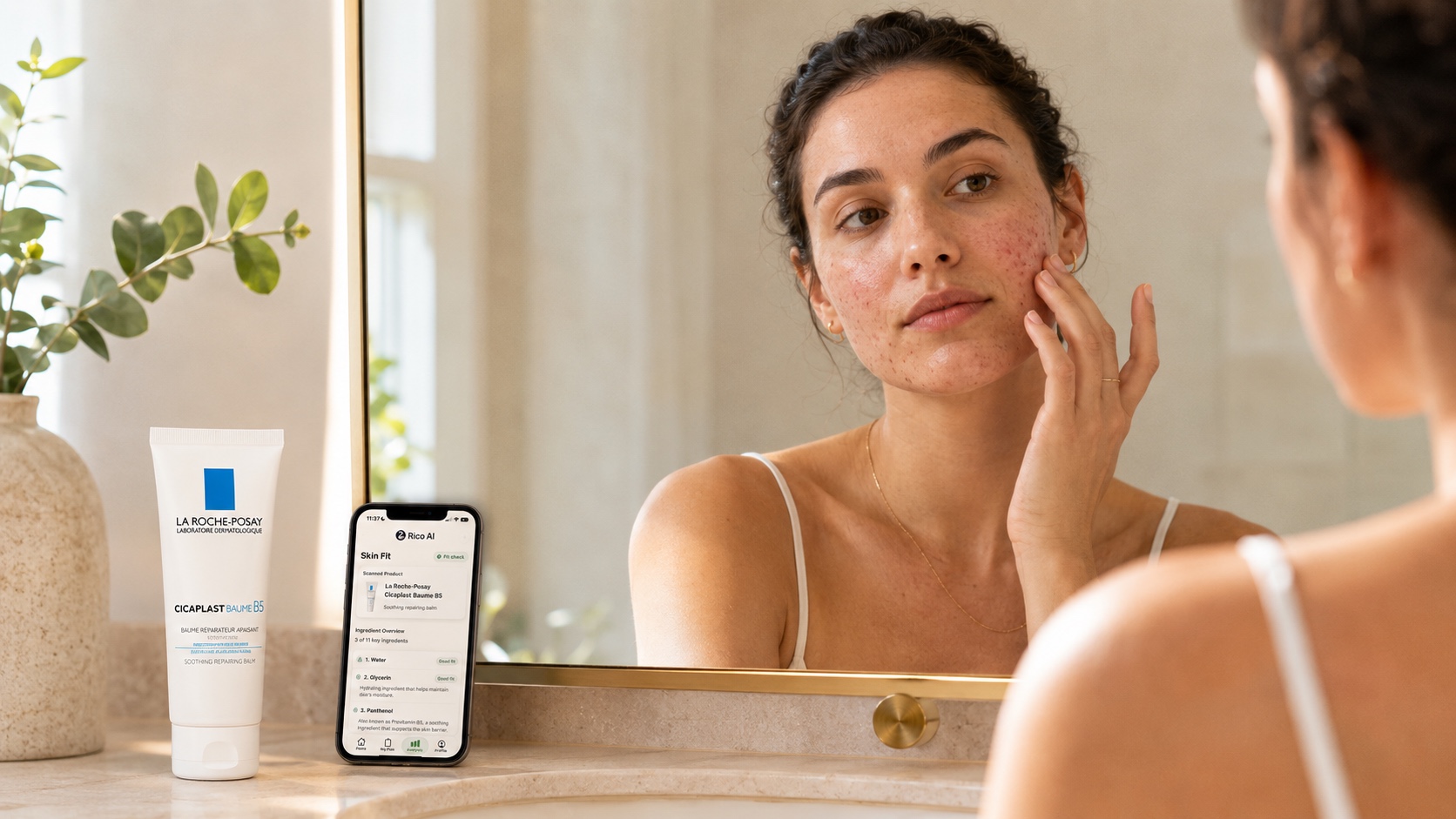 La Roche-Posay Cicaplast Baume B5 beside a Rico AI Skin Fit scan before applying balm to acne-prone skin