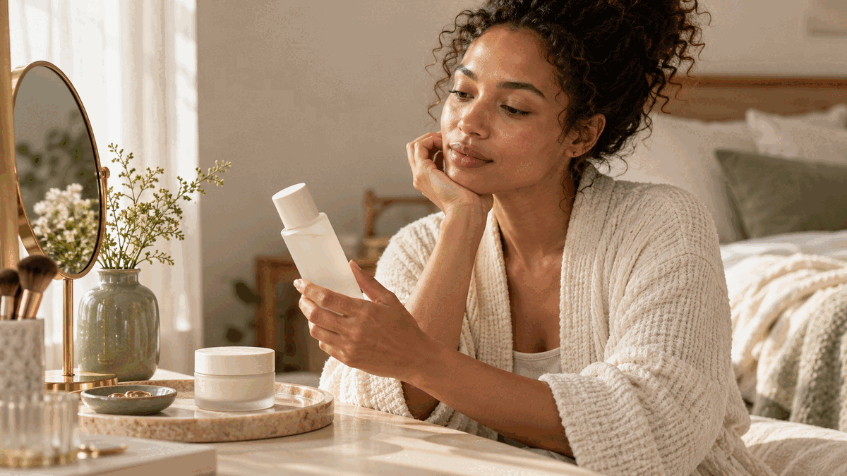 AI-generated adult considering a plain milky-toner bottle beside a closed cream jar at a bedside vanity