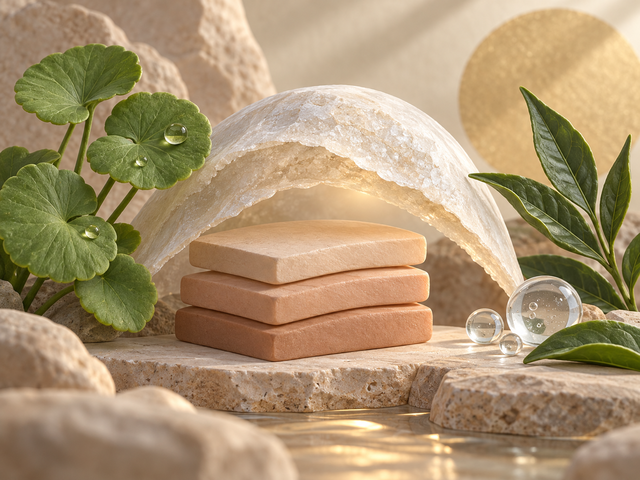 Generated clay illustration of skin-toned tiles beneath a mineral arch with leaves and droplets