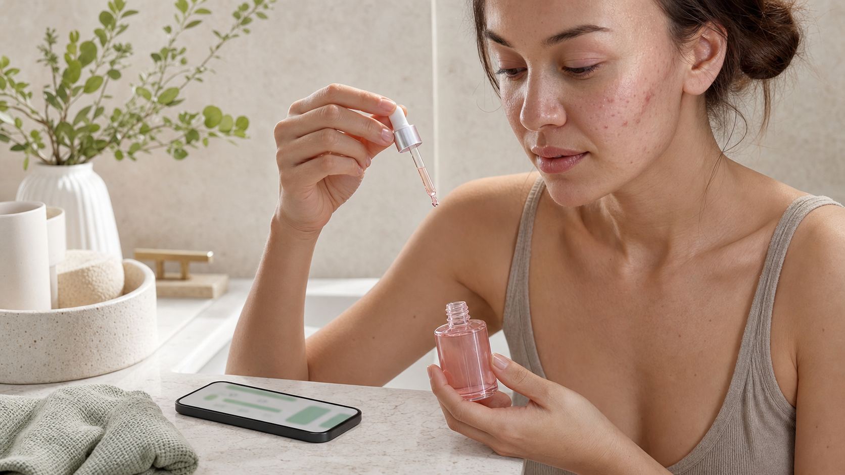 Woman with natural acne-prone skin checking a pink PDRN peptide serum beside a Rico-style ingredient scan before applying it