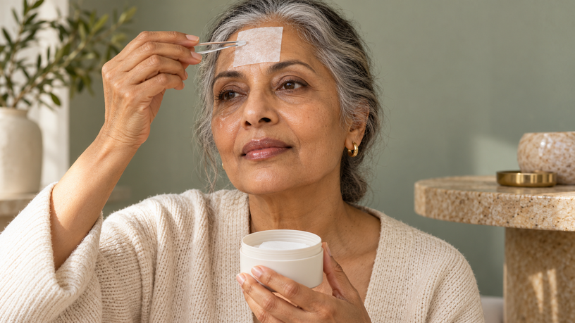 AI-generated older woman placing one square toner pad on her forehead with cosmetic tongs