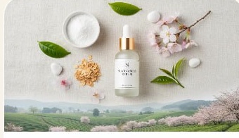 Niacinamide serum bottle beside skincare products