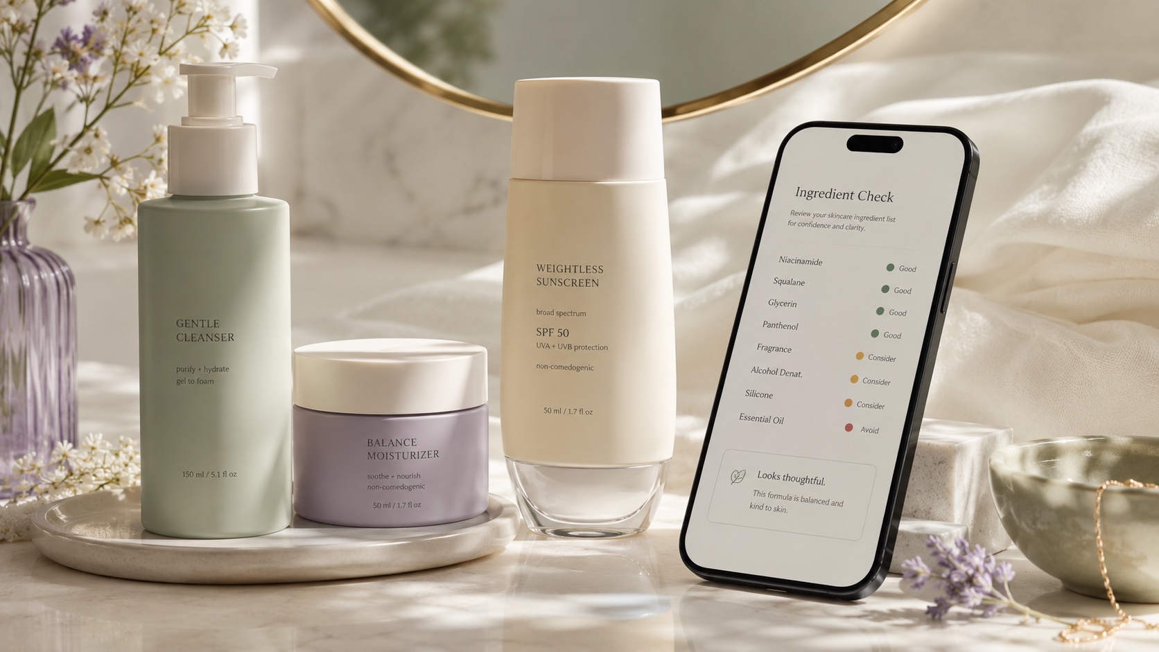 Skincare products and phone ingredient check explaining non-comedogenic label meaning