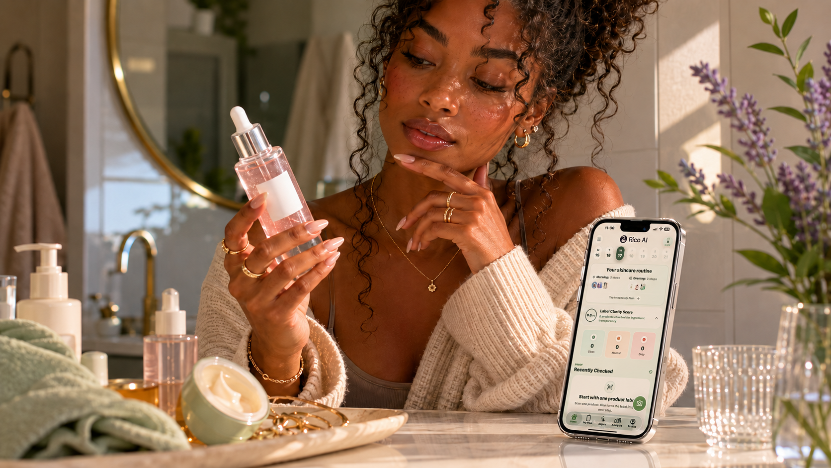 Woman holding a pink PDRN-style serum beside a phone showing the Rico AI scan entry screen before applying skincare