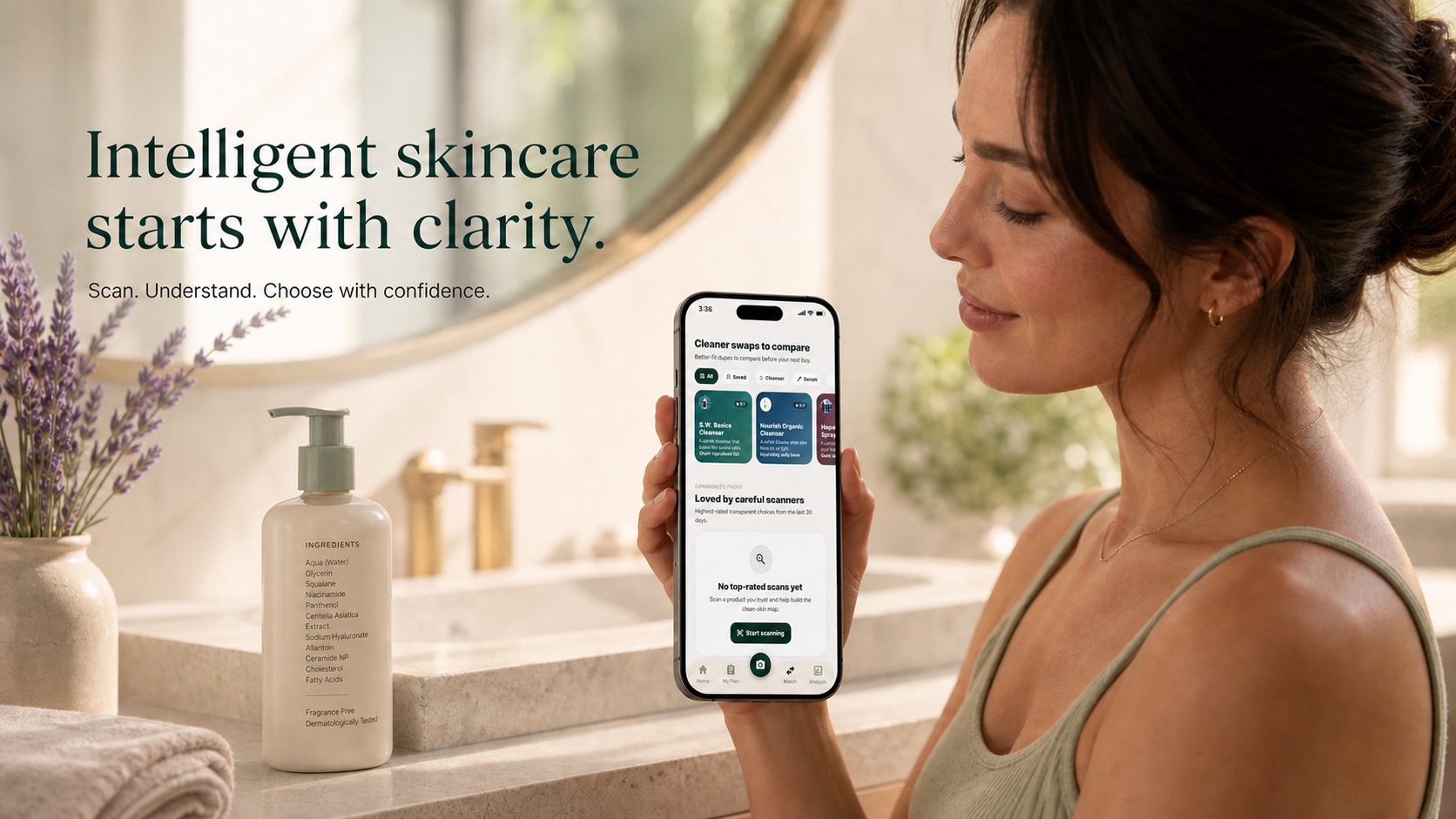 Phone checking a skincare product label before choosing a Rico Match