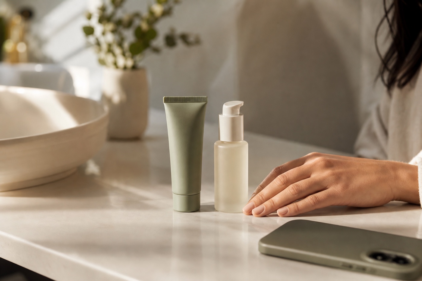 Two skincare products on a bathroom counter during a comparison
