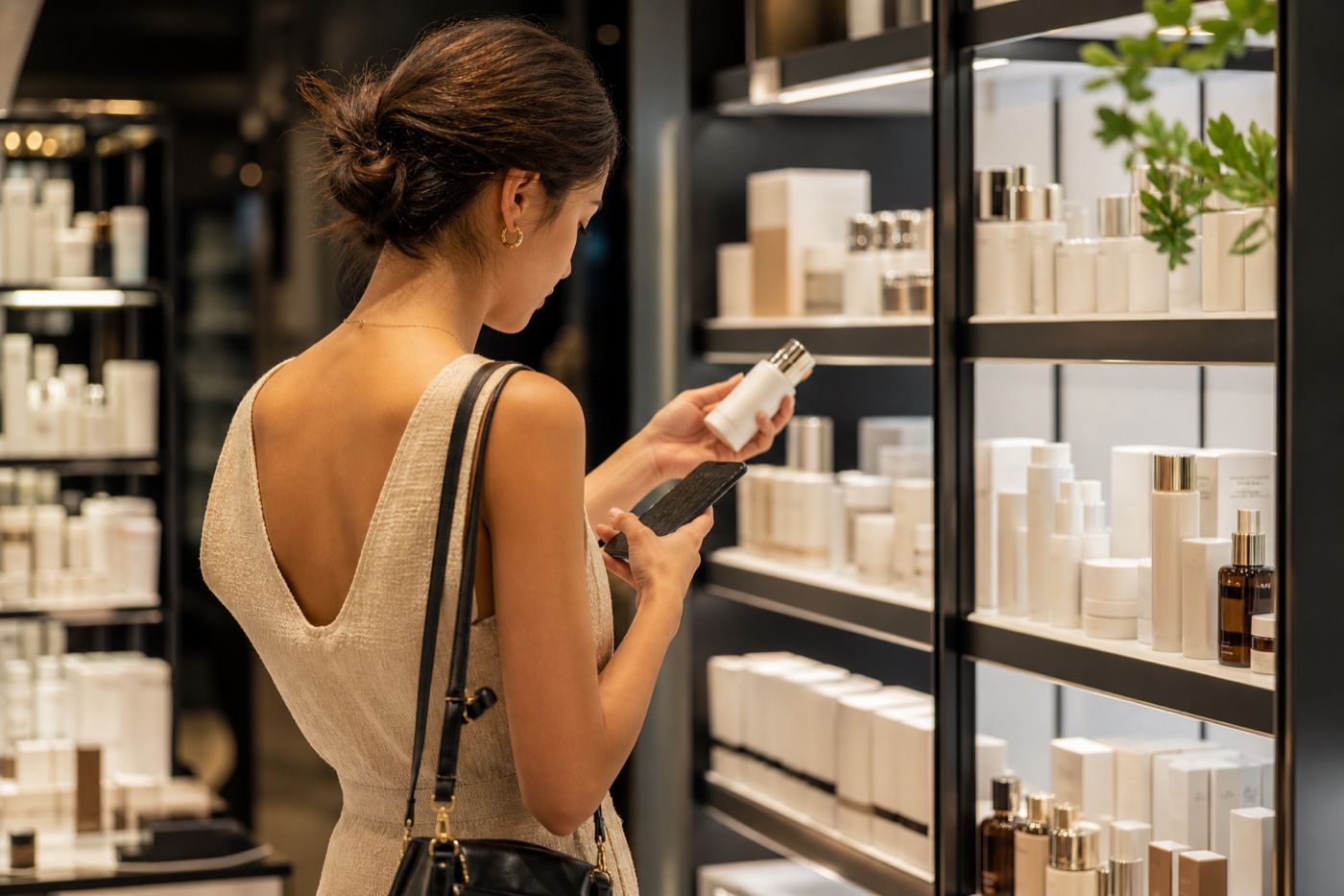 Phone checking a skincare product label before choosing a Rico Match