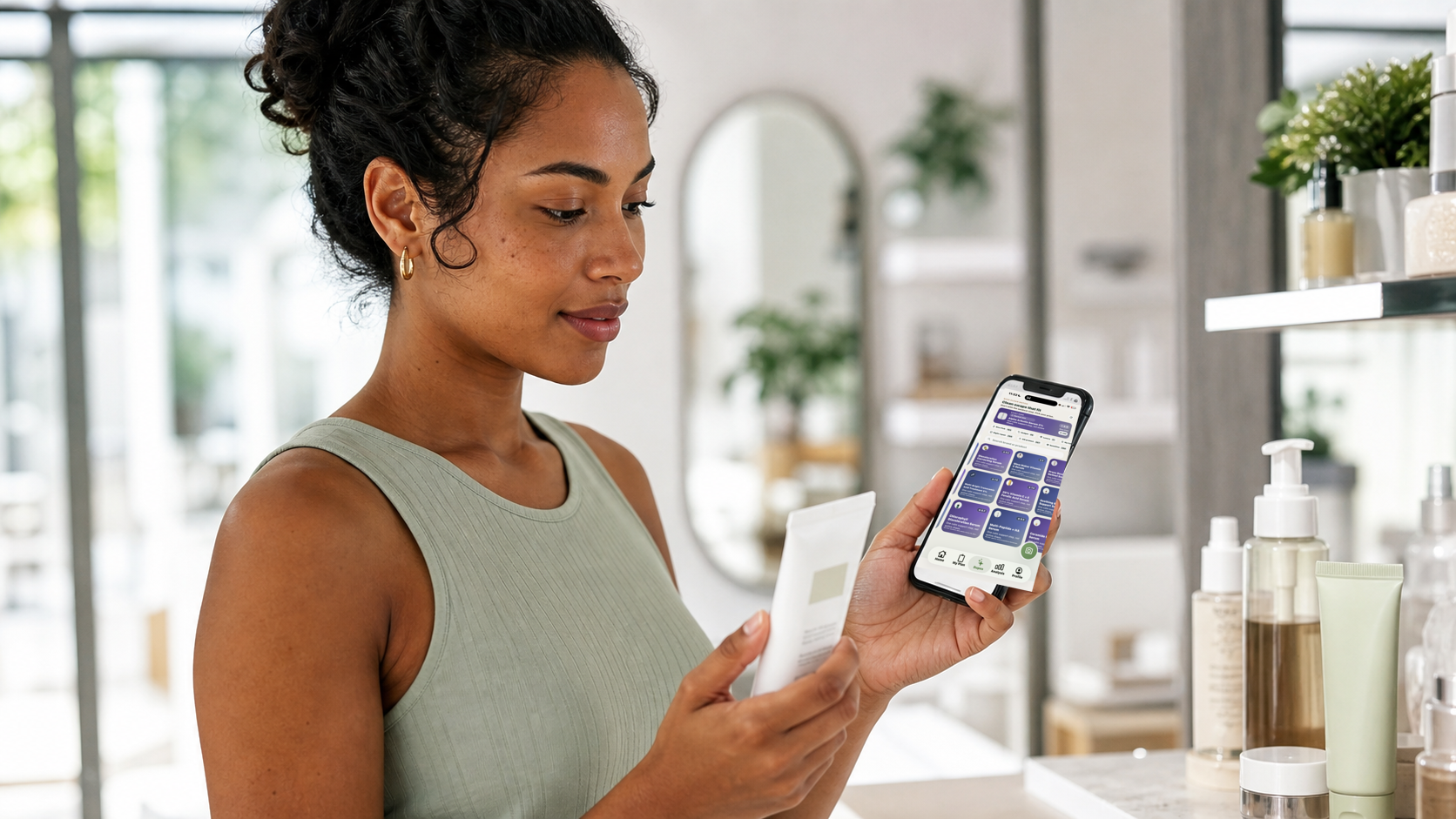 Adult shopper checking sunscreen ingredients on a phone before buying for dark spots and acne-prone skin