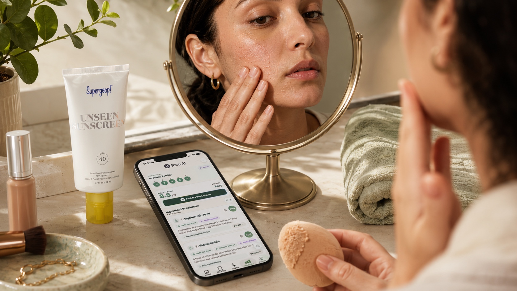 Supergoop Unseen Sunscreen under makeup pilling check beside a real Rico AI app screen before buying another SPF