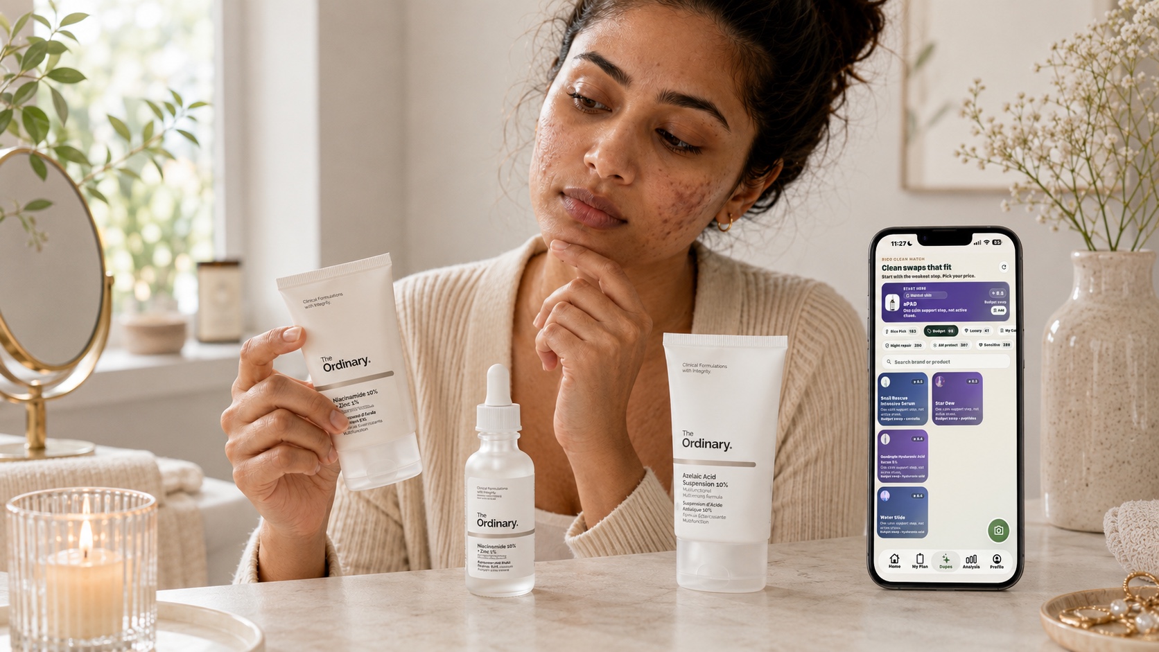 The Ordinary niacinamide and azelaic acid decision with a real Rico AI app screen before adding another active for dark spots