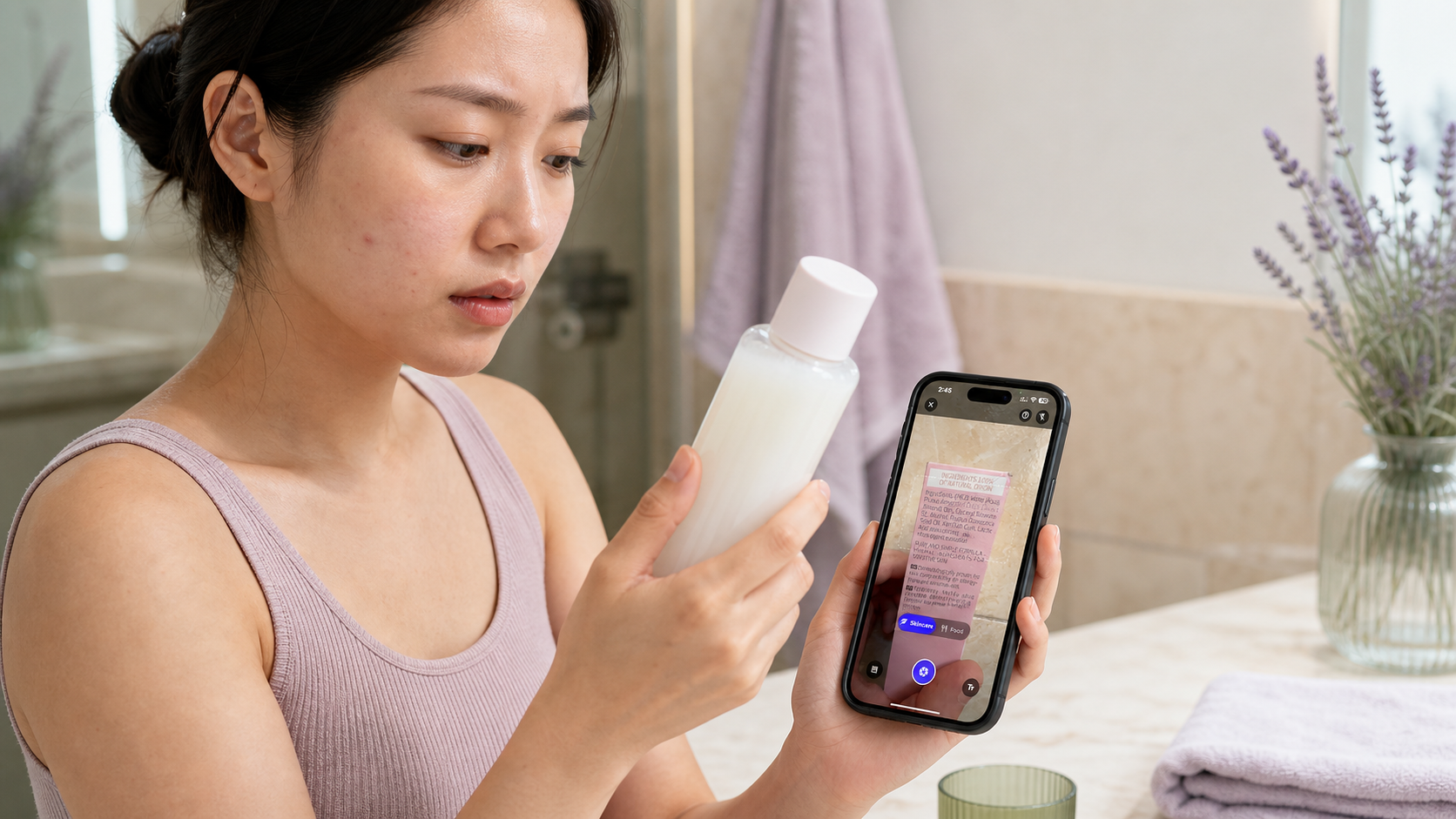 Shopper with acne-prone sensitive skin checking a milky toner beside the Rico AI scan screen before applying it