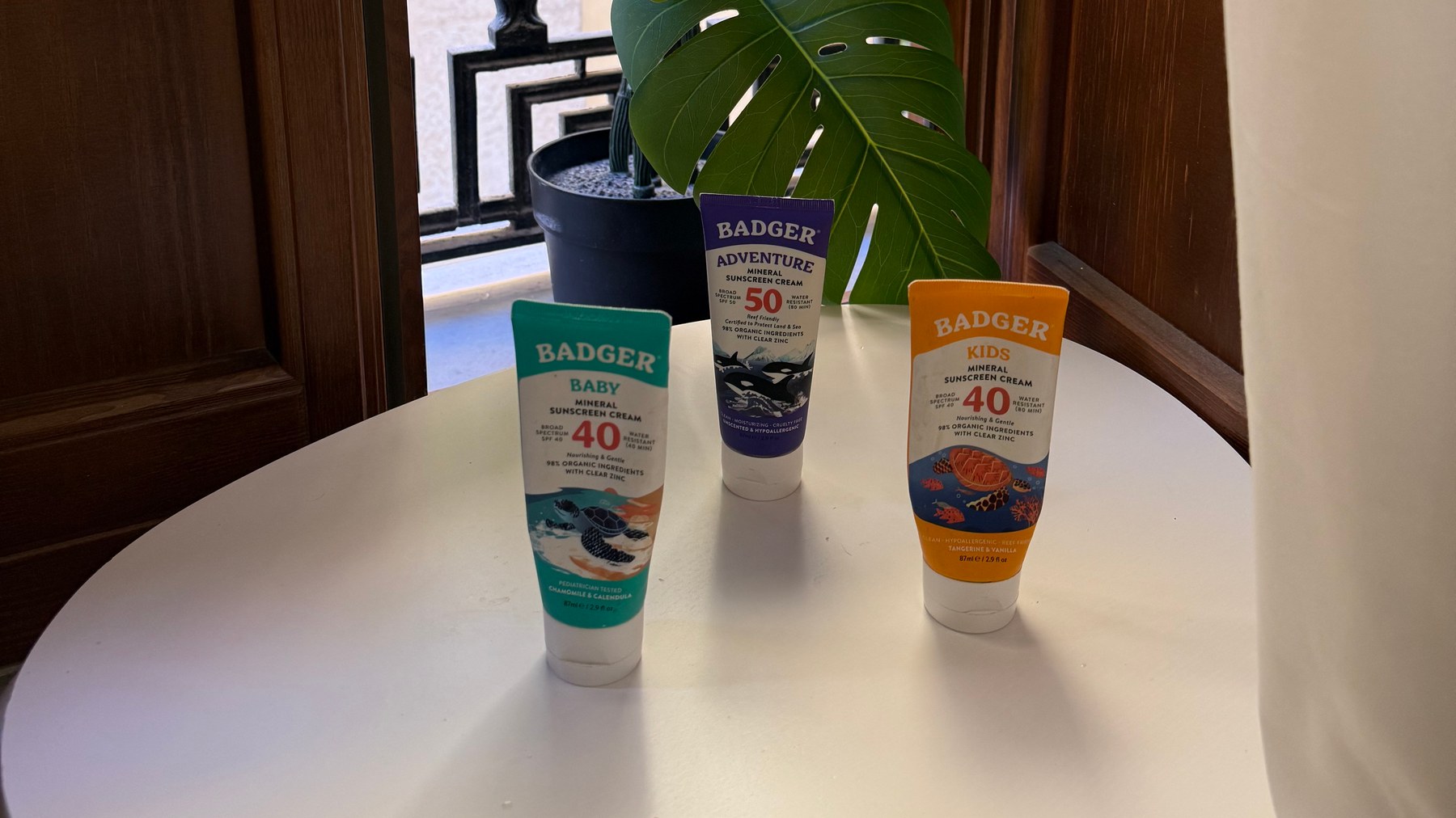 Three Badger sunscreen tubes from Zee’s shelf: Baby SPF 40, Adventure SPF 50 and Kids SPF 40