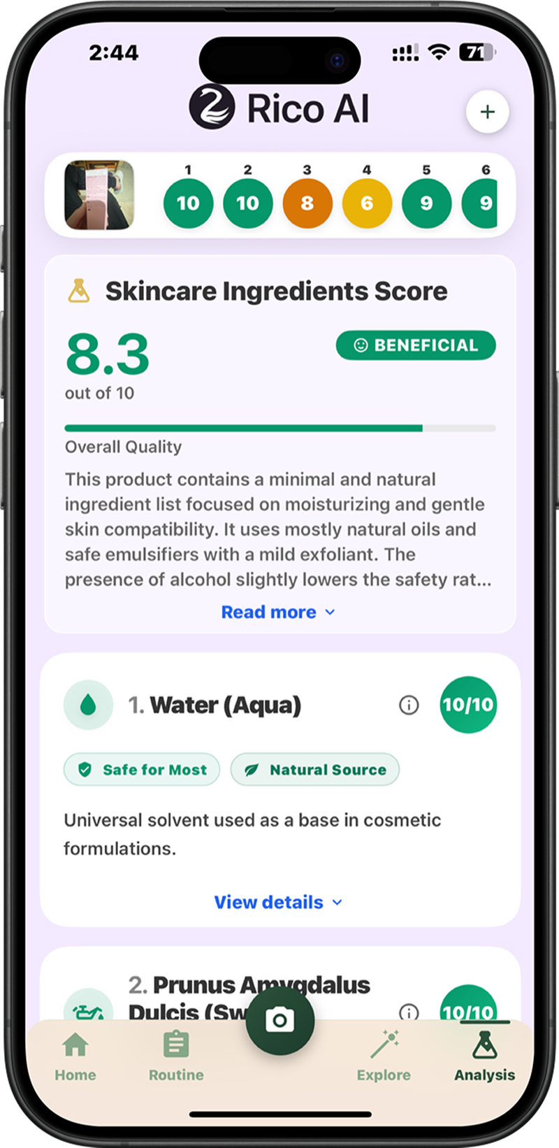 Rico AI showing ingredient analysis after scanning a skincare product